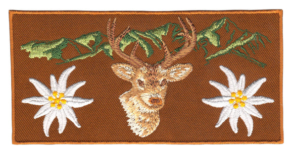 #ap52 Alpine Edelweiss Deer Brown Sew-On Patch Iron-On Application Size 13.0 x 6.5 cm