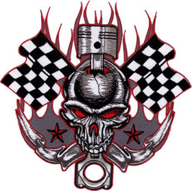 #Backpatch #18 Totenkopf Kolben Biker Schwarz Weiß karierte Flagge Rückenaufnäher Back Patch Groß 20 x 20 cm