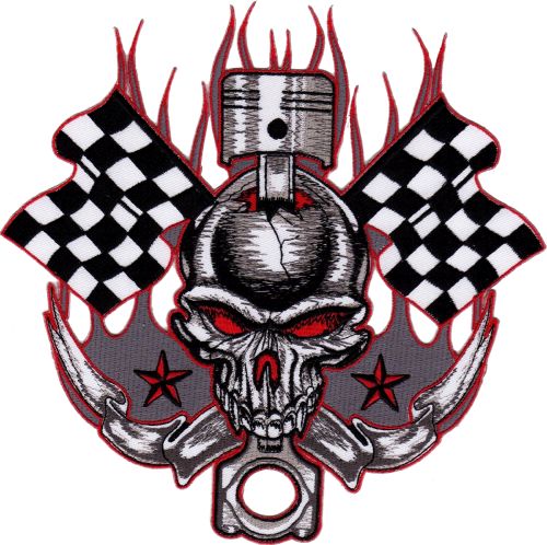 #Backpatch #18 Skull Piston Biker Black White Checkered Flag Back Patch Large 20 x 20 cm