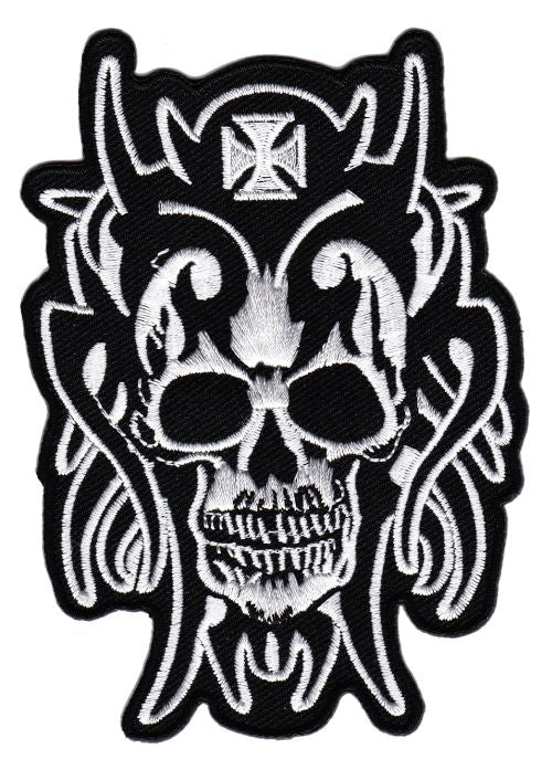 #ac21 Totenkopf Teufel Devil Eisernes Kreuz Biker Aufnäher Patch Applikation Bügelbild Größe 8,0 x 11,5 cm