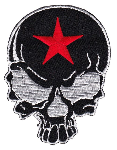 #ad18 Biker Totenkopf Schwarz Roter Stern Aufnäher Tattoo Bügelbild Applikation Patch Größe 7,0 x 9,5 cm