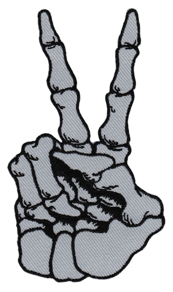 #ae66 Skelett Hand Grau Victory Zeichen Peace Aufnäher Bügelbild Applikation Patch Größe 5,5 x 9,4 cm