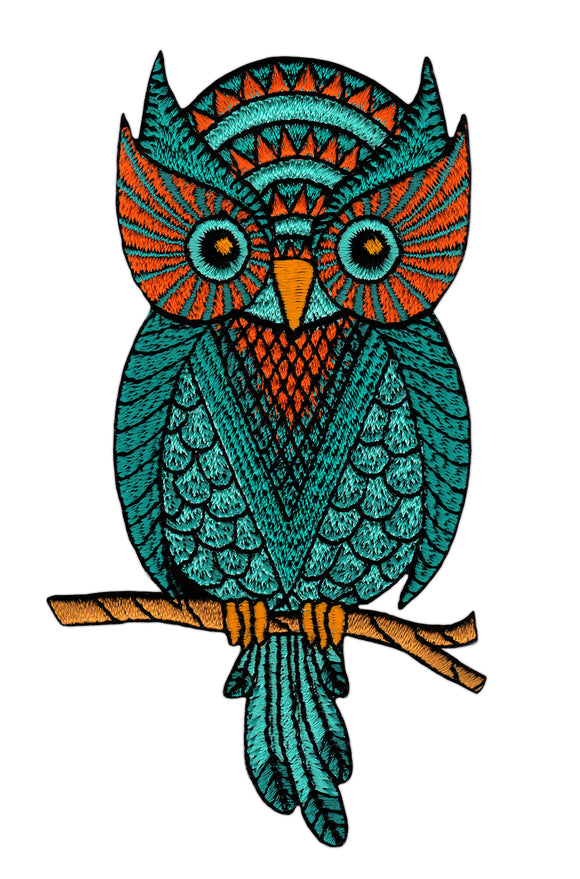 #ae80 Eule auf Ast Grün Vogel Aufnäher Applikation Bügelbild Patch Größe 6,0 x 11,2 cm