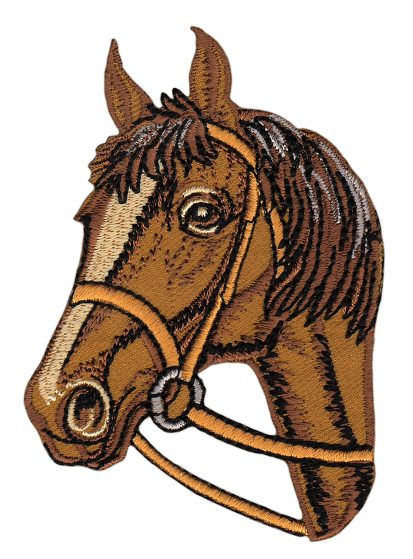#ad10 Pferd Pferdekopf Braun Aufnäher Reiten Bügelbild  Applikation Patch Größe 6,3 x 8,7 cm