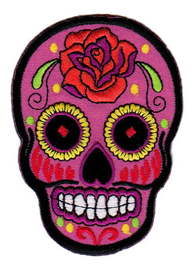 #bb03 Skull Pink Rose Mexico Sugar Skull Iron-On Patch Size 6.6 x 9.0 cm