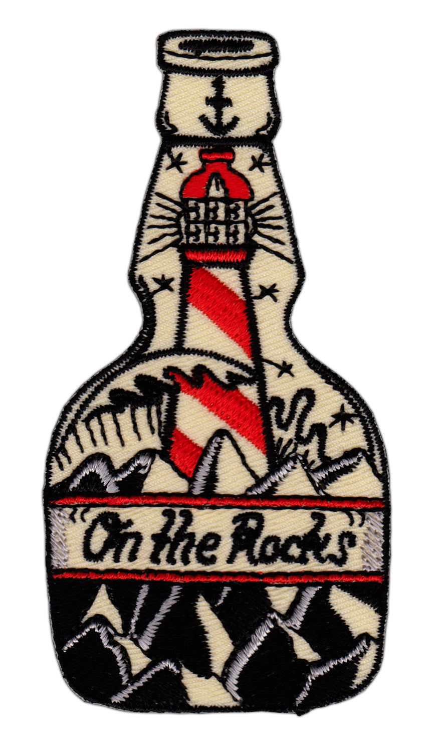 #ab55 Flasche Leuchtturm On the Rocks Anker Aufnäher Bügelbild Applikation Patch Größe 4,6 x 9,0 cm