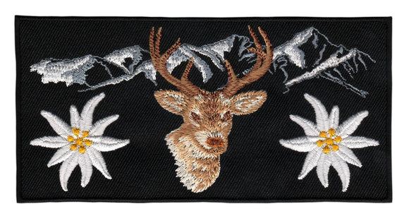 #ap55 Alpine Edelweiss Deer Black Sew-On Patch Iron-On Application Size 13.0 x 6.5 cm