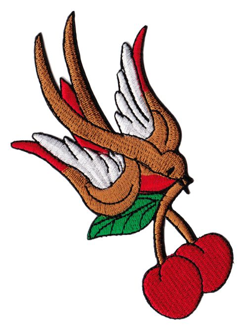 #aa21 Schwalbe Kirsche Rockabilly Aufnäher Bügelbild Patch Applikation Größe 7,0 x 12,0 cm