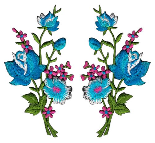 #ah62 Flowers Blue Set of 2 Patches Iron-On Patch Application Size of each patch 5.5 x 11.0 cm