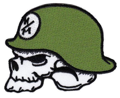 #ab97 Totenkopf Stahlhelm Grün Biker Tattoo Skull Aufnäher Patch Bügelbild Applikation Größe 9,0 x 7,0 cm