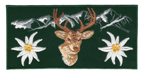 #ap56 Alpen Edelweiß Hirsch Grün Aufnäher Patch Bügelbild Aufbügler Applikation Größe 13,0 x 6,5 cm