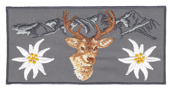 #ap54 Alpen Edelweiß Hirsch Grau Aufnäher Patch Bügelbild Aufbügler Applikation Größe 13,0 x 6,5 cm