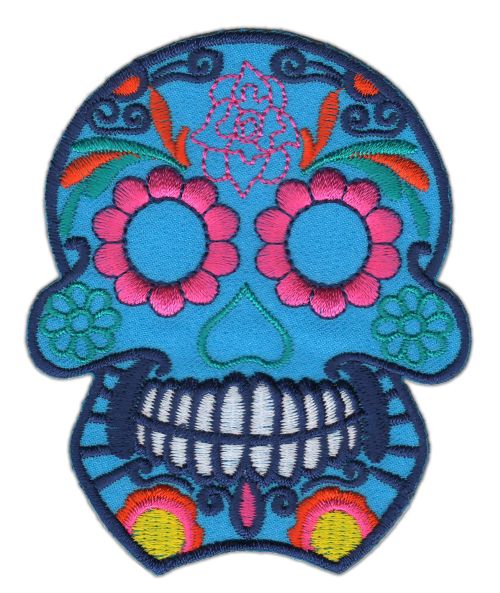 #ad69 Mexican Skull Blue Patch Tattoo Skull Application Iron-On Size 7.5 x 9.0 cm