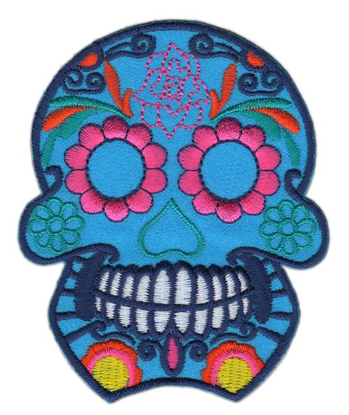 #ad69 Mexikanischer Totenkopf Blau Aufnäher Patch Tattoo Skull Applikation Bügelbild Größe 7,5 x 9,0 cm