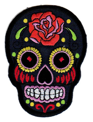 #bb01 Totenkopf Schwarz Rose Mexiko Sugar Skull Aufnäher Bügelbild Patch Größe 6,6 x 9,0 cm