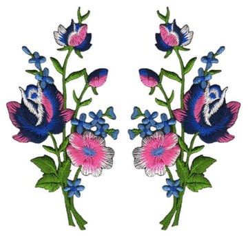 #ah61 Flowers Blue Pink Set of 2 Patches Iron-On Patch Application Size of each patch 5.5 x 11.0 cm
