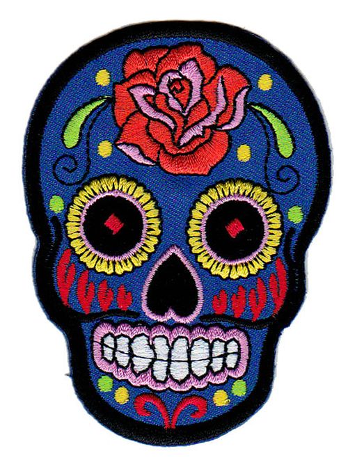 #bb02 Skull Blue Rose Mexico Sugar Skull Iron-On Patch Size 6.6 x 9.0 cm