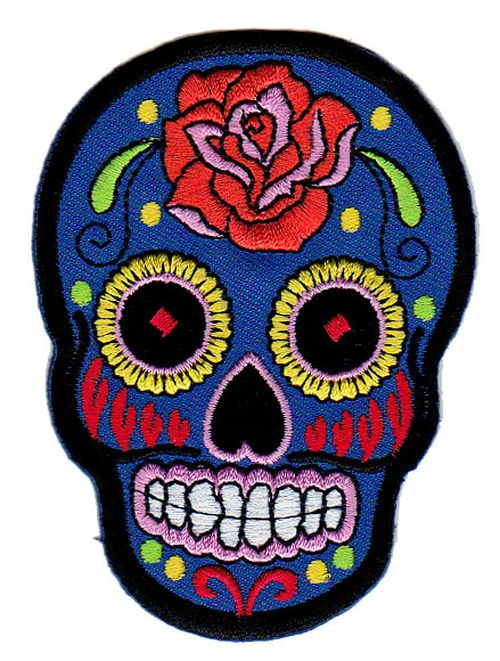 #bb02 Totenkopf Blau Rose Mexiko Sugar Skull Aufnäher Bügelbild Patch Größe 6,6 x 9,0 cm