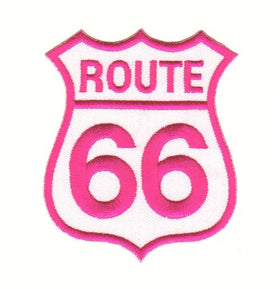 #ac57 Route 66 USA Pink Patch Iron-On Application Size 7.0 x 8.0 cm