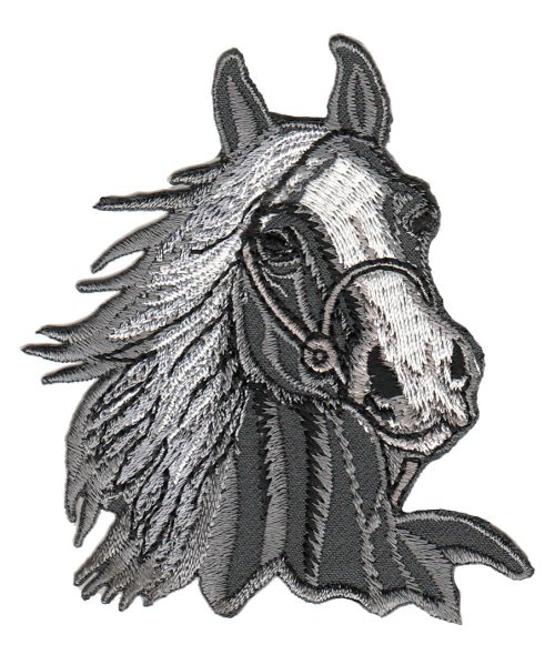 #am10 Pferd Pferdekopf Grau Aufnäher Bügelbild Applikation Patch Größe 6,5 x 8,5 cm