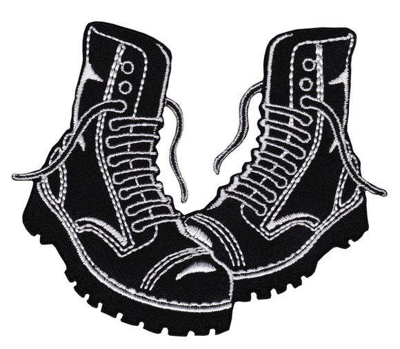 #ae53 Embroidered Shoes Black Boots Patch Iron-On Applique Patch Size 9.5 x 8.7 cm