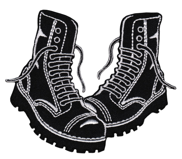 #ae53 Gestickte Schuhe Schwarz Stiefel Boots Aufnäher Bügelbild Applikation Patch Größe 9,5 x 8,7 cm