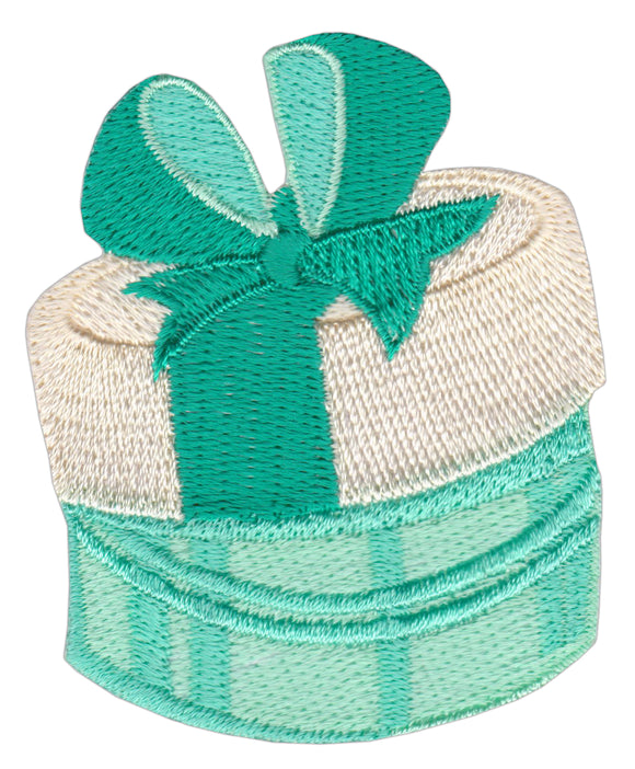 #ae54 Gestickte Geschenk Box mit Schleife Türkis Aufnäher Applikation Bügelbild Patch Größe 5,4 x 6,7 cm