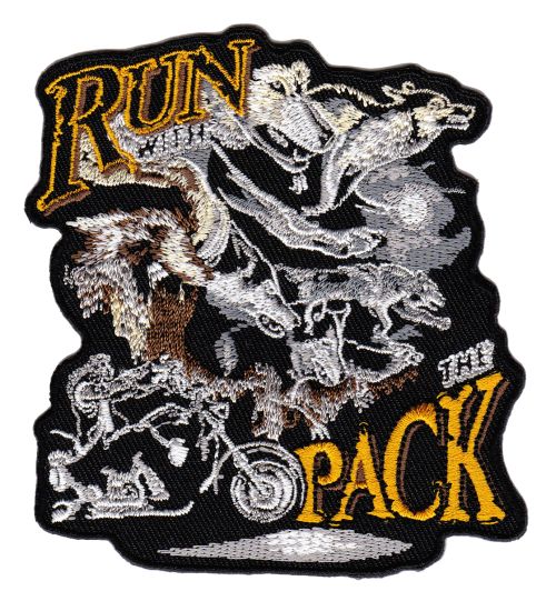 #ad54 Run The Pack Biker Chopper Wolf Aufnäher Applikation Patch Bügelbild Größe 8,0 x 9,5 cm