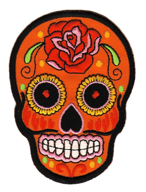 #ae94 Totenkopf Orange Rose Mexiko Sugar Skull Aufnäher Bügelbild Patch Größe 6,6 x 9,0 cm